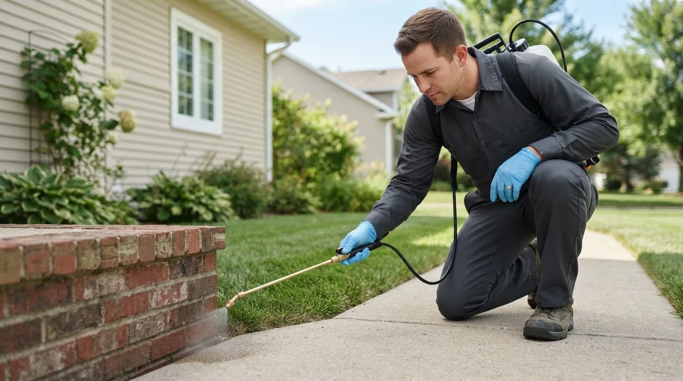 Pest control technician treating a home near Allen, SD